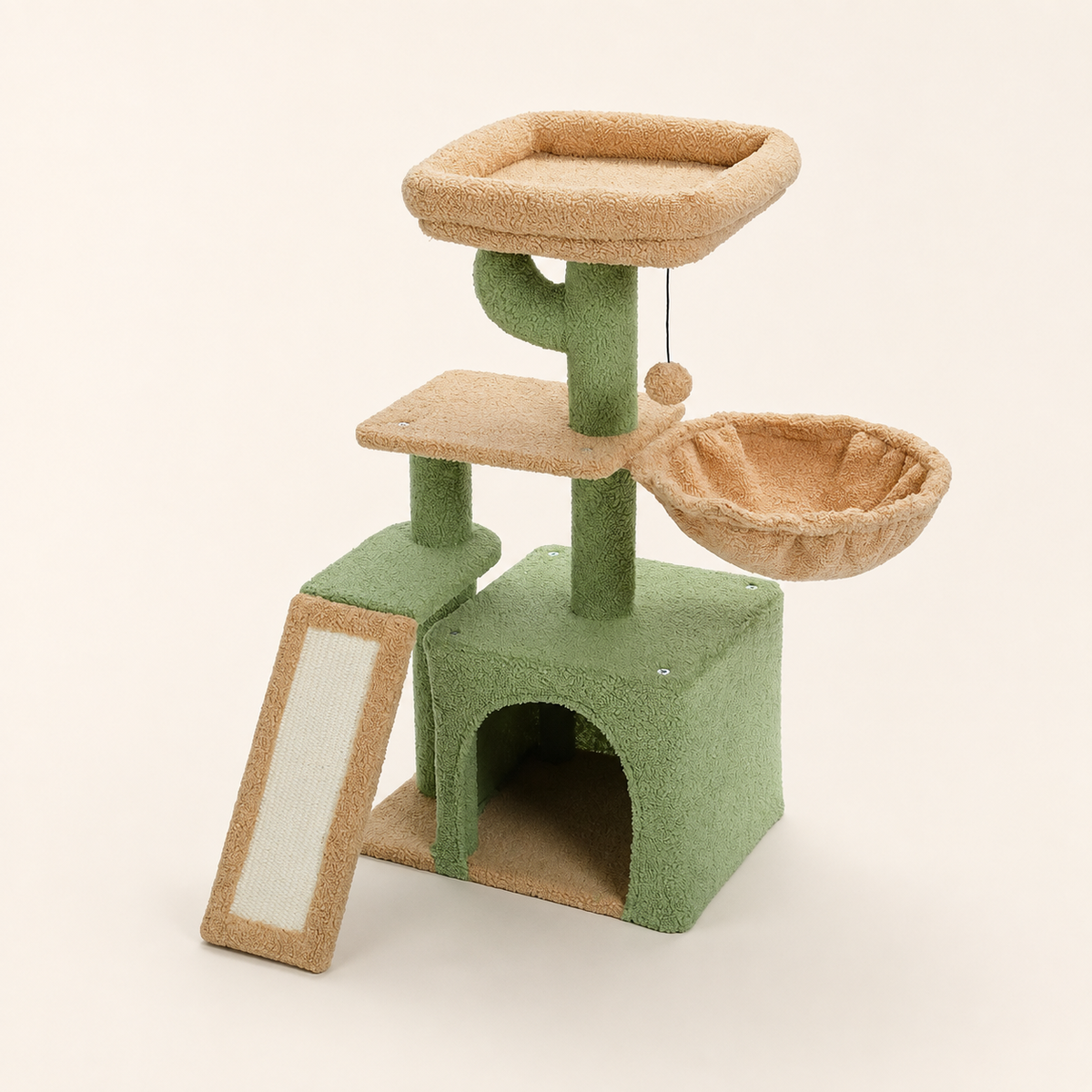 Neko Chibi – Petit arbre à chat avec hamac – Modèle A – Vert – fond beige avec dimensions