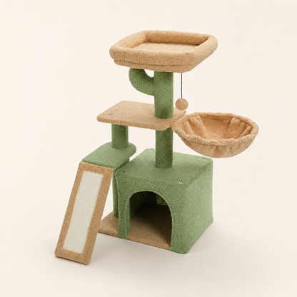 Neko Chibi – Petit arbre à chat avec hamac – Modèle A – Vert – fond beige avec dimensions