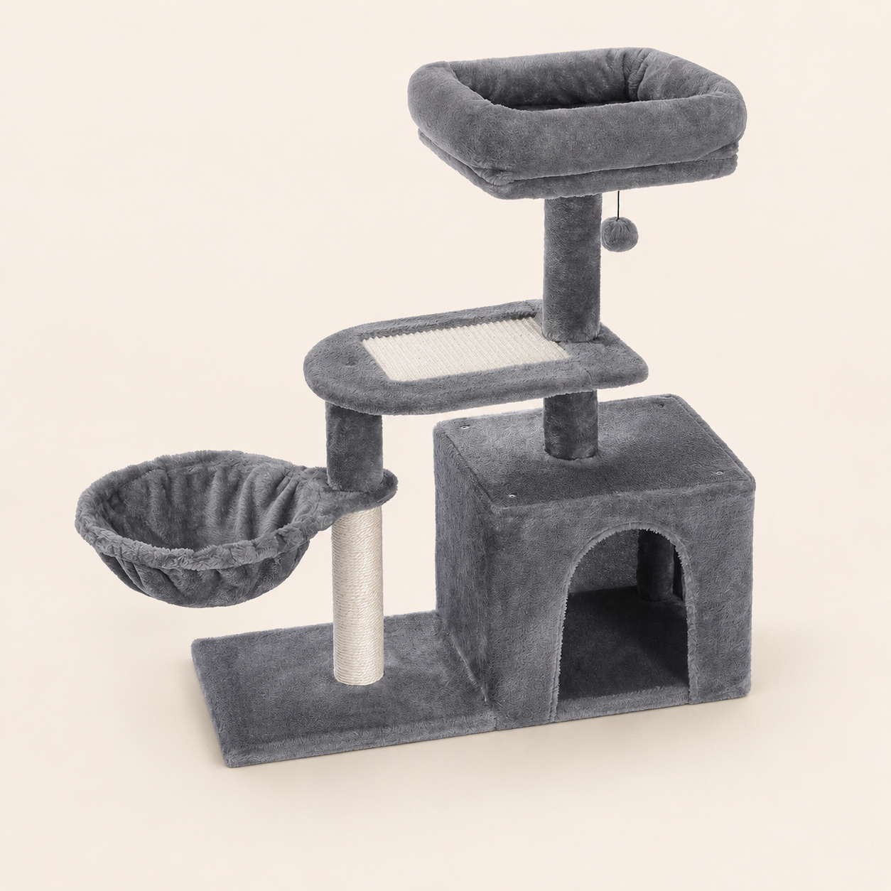 Neko Chibi – Petit arbre à chat avec hamac – Modèle B – Gris – fond beige avec dimensions