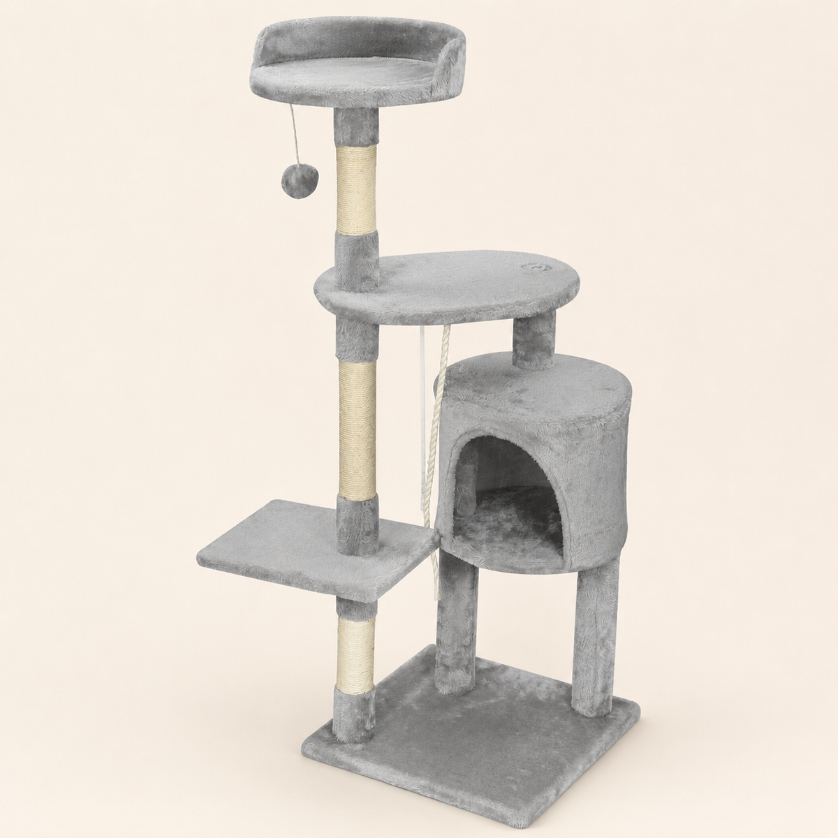 Neko Hoshi – Arbre à chat multi-niveaux avec perchoirs – Modèle B – fond beige avec dimensions