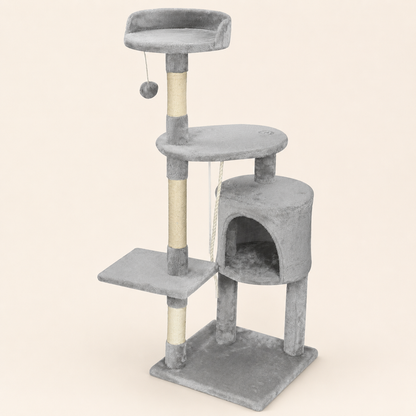 Neko Hoshi – Arbre à chat multi-niveaux avec perchoirs – Modèle B – fond beige avec dimensions