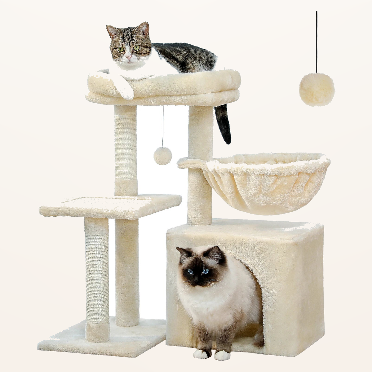 Neko Chibi – Petit arbre à chat avec hamac – Modèle C – Beige – fond beige avec dimensions