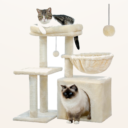 Neko Chibi – Petit arbre à chat avec hamac – Modèle C – Beige – fond beige avec dimensions