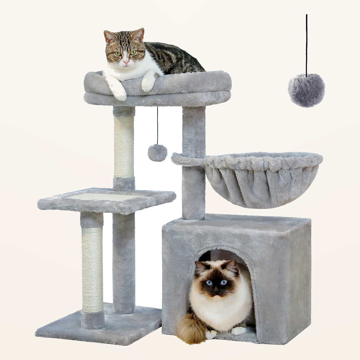 Neko Chibi – Petit arbre à chat avec hamac – Modèle C – Gris – fond beige avec dimensions