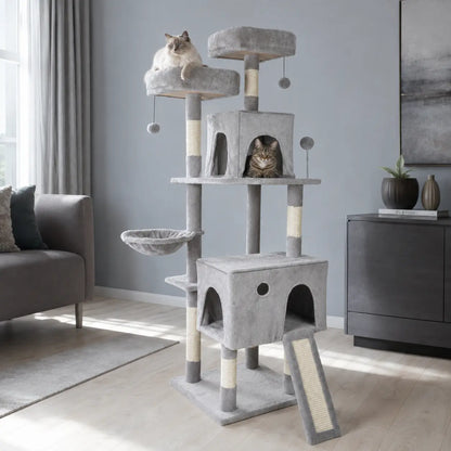 Neko Asobi – Arbre à chat avec niche et hamac dans un intérieur coordonné avec chats