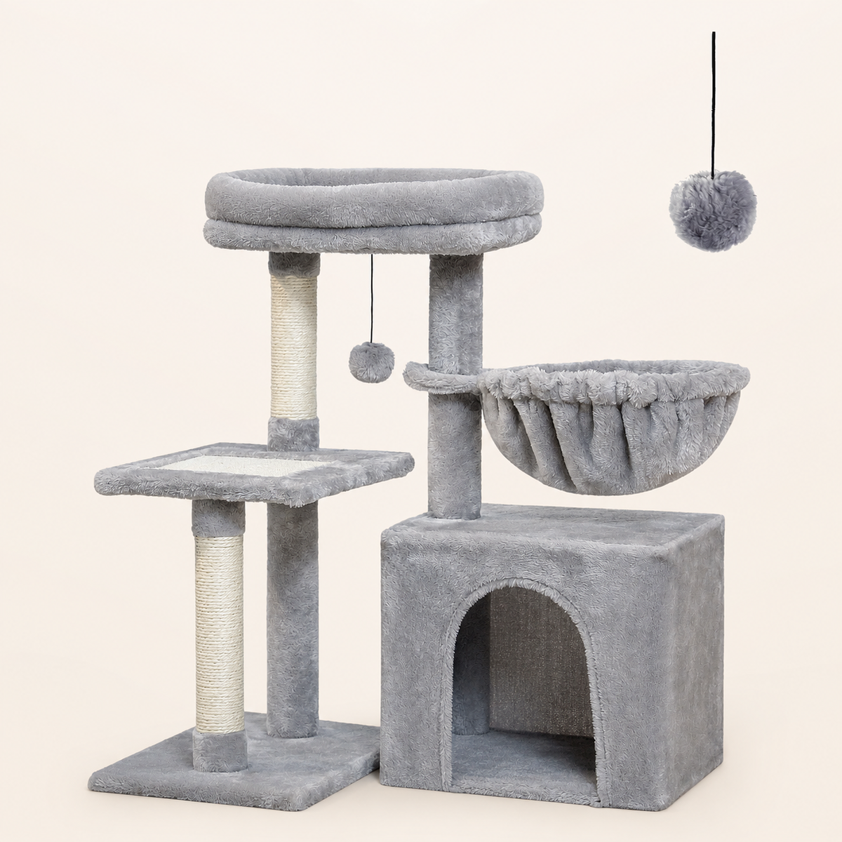 Neko Chibi – Petit arbre à chat avec hamac – Modèle C – Gris – produit seul sur fond beige