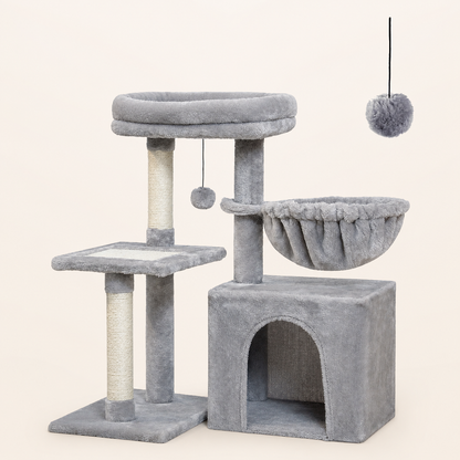 Neko Chibi – Petit arbre à chat avec hamac – Modèle C – Gris – produit seul sur fond beige