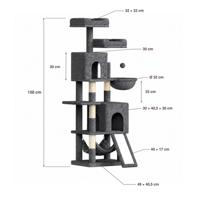 Dimensions du Neko Fuji sur fond blanc : hauteur 158 cm, base 49 × 40,5 cm, niches, perchoir, panier et rampe