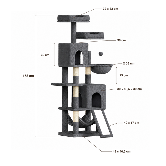 Dimensions du Neko Fuji sur fond blanc : hauteur 158 cm, base 49 × 40,5 cm, niches, perchoir, panier et rampe