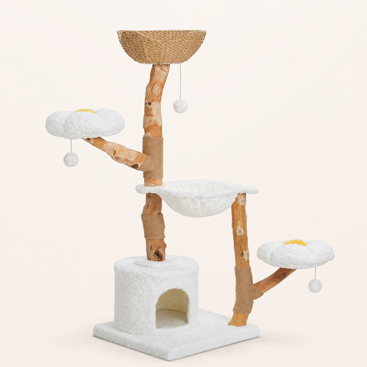 Neko Hana – Arbre à chat avec paniers tressés 150 cm – Modèle A – Blanc – produit seul sur fond beige