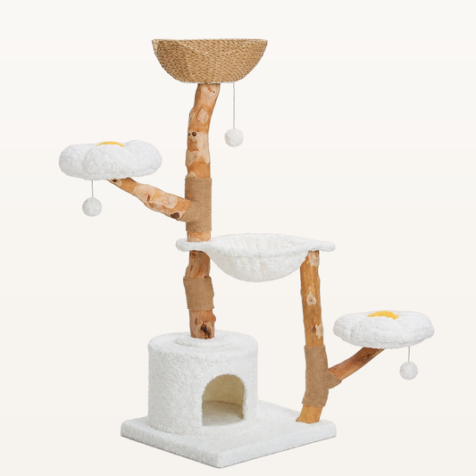 Neko Hana – Arbre à chat avec paniers tressés 150 cm – Modèle A – Blanc – produit seul sur fond beige