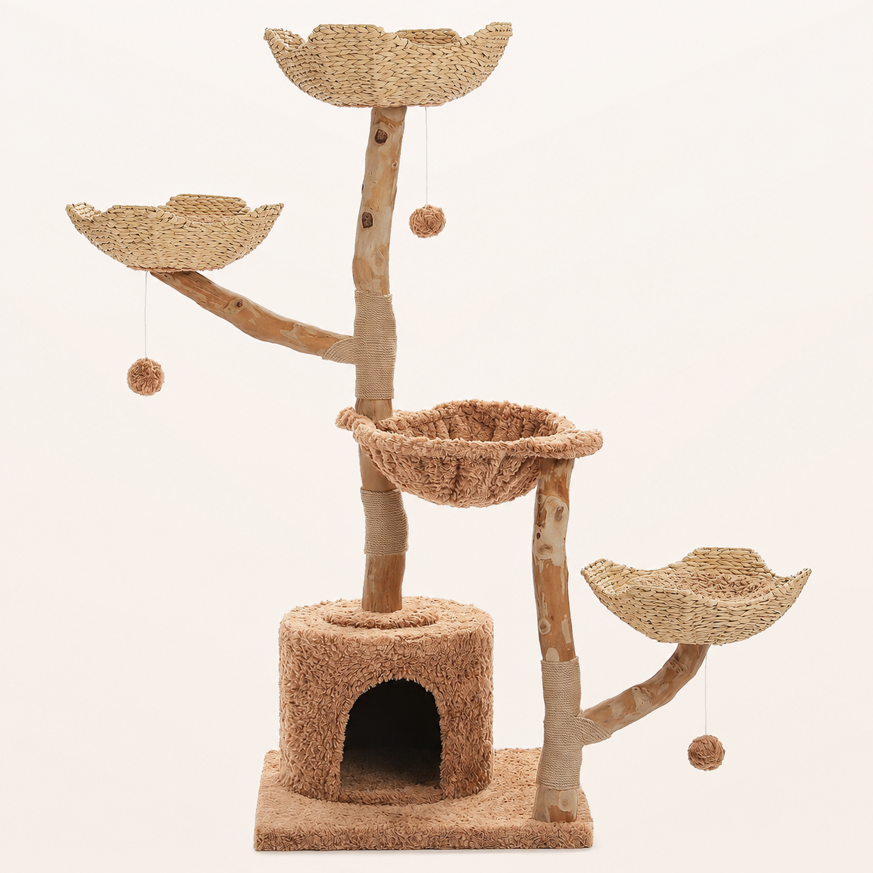 Neko Hana – Arbre à chat avec paniers tressés 150 cm – Modèle B – Brun – produit seul sur fond beige