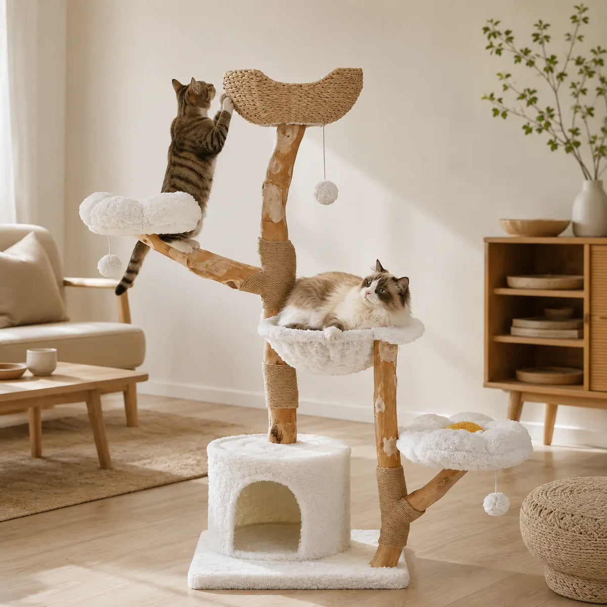 Neko Hana – Arbre à chat avec paniers tressés 150 cm dans un intérieur avec chats