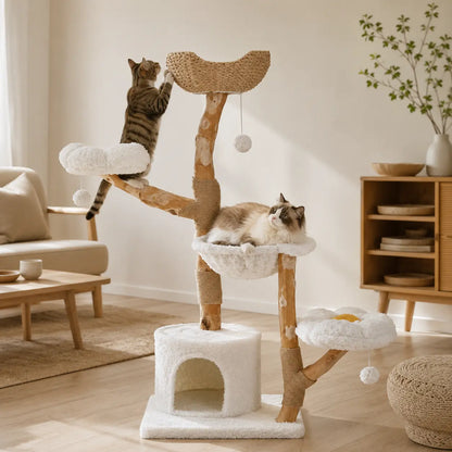 Neko Hana – Arbre à chat avec paniers tressés 150 cm dans un intérieur avec chats