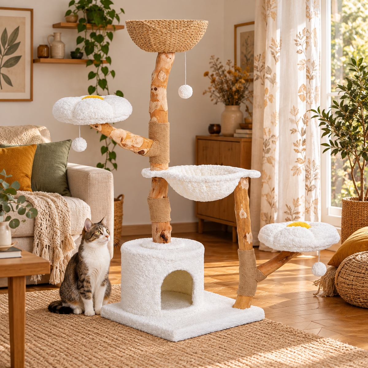 Neko Hana – Arbre à chat avec panier tressé – Modèle A blanc – 150 cm — ambiance 1