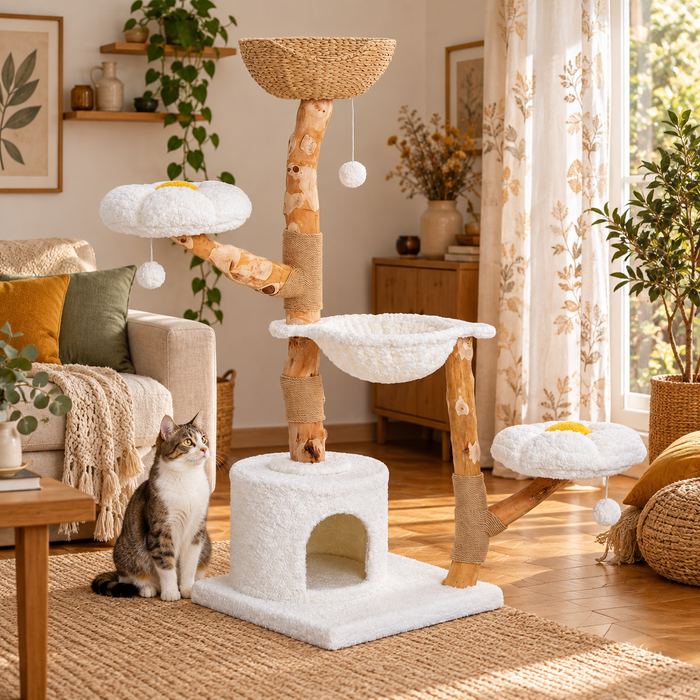 Neko Hana – Arbre à chat avec panier tressé – Modèle A blanc – 150 cm — ambiance 1