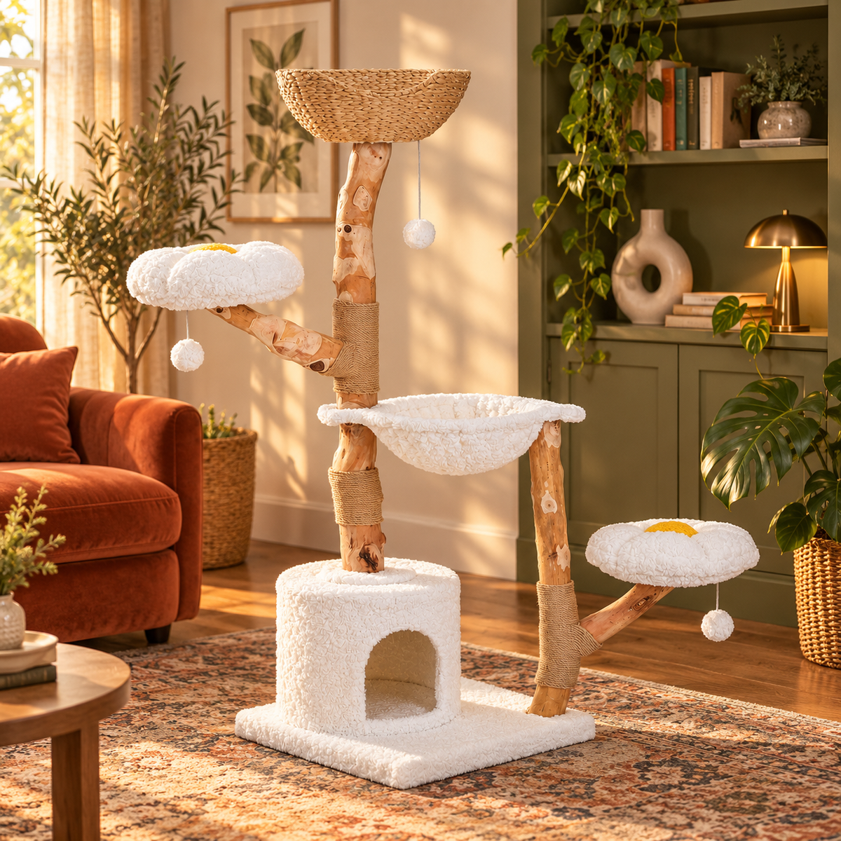 Neko Hana – Arbre à chat avec panier tressé – Modèle A blanc – 150 cm — ambiance 2
