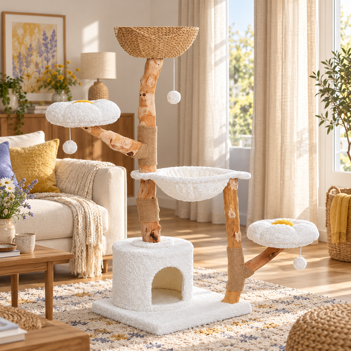 Neko Hana – Arbre à chat avec panier tressé – Modèle A blanc – 150 cm — ambiance 3