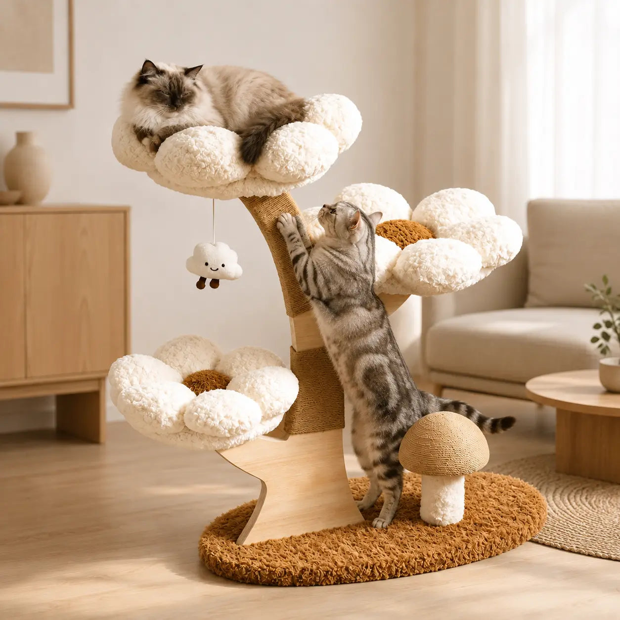 Neko Hanami – Arbre à chat fleuri dans un intérieur avec chats