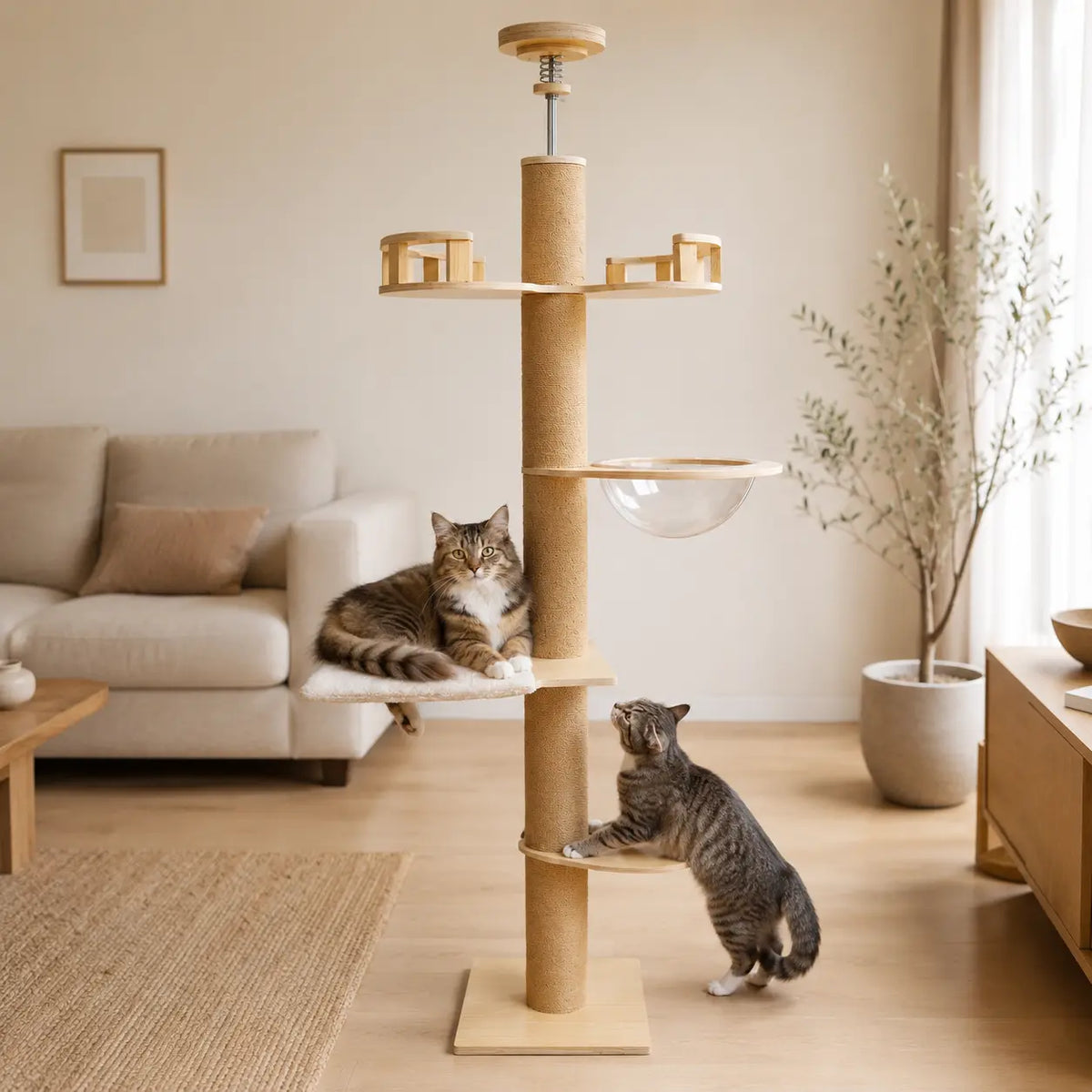 Neko Hinoki – Arbre à chat minimaliste en bois dans un intérieur avec chats