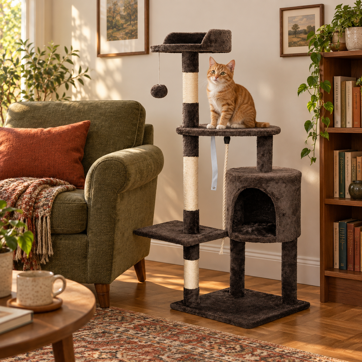 Neko Hoshi brun foncé avec un chat dans un coin lecture aux tons olive