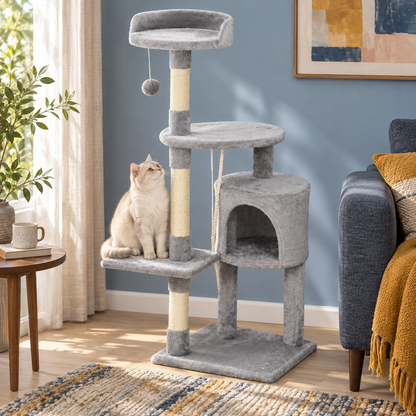 Neko Hoshi gris avec un chat dans un salon bleu et ocre