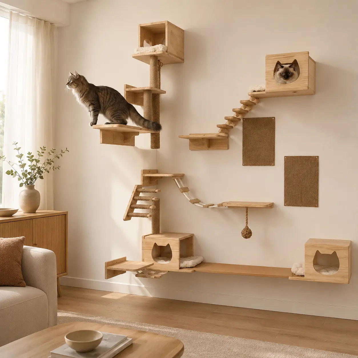 Neko Kabe – Parcours mural en bois et sisal dans un intérieur avec chats