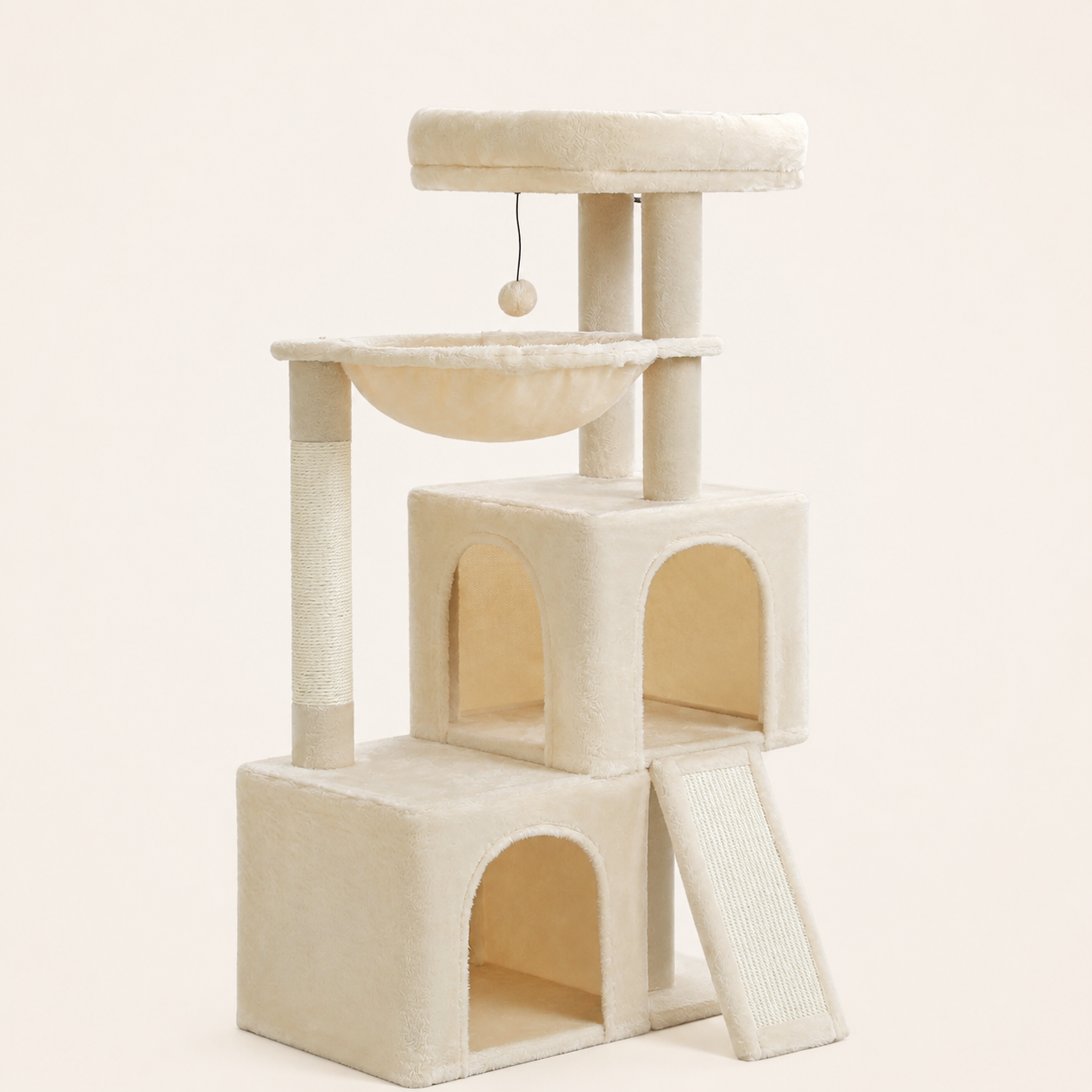 Neko Kazoku – Grand arbre à chat avec deux niches – Beige – produit seul sur fond beige