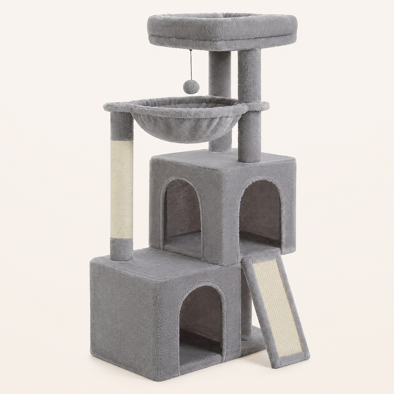 Neko Kazoku – Grand arbre à chat avec deux niches – Gris – produit seul sur fond beige