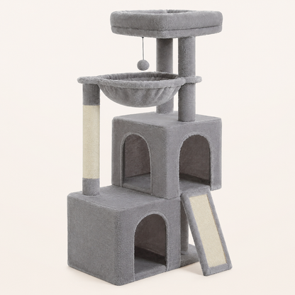 Neko Kazoku – Grand arbre à chat avec deux niches – Gris – produit seul sur fond beige