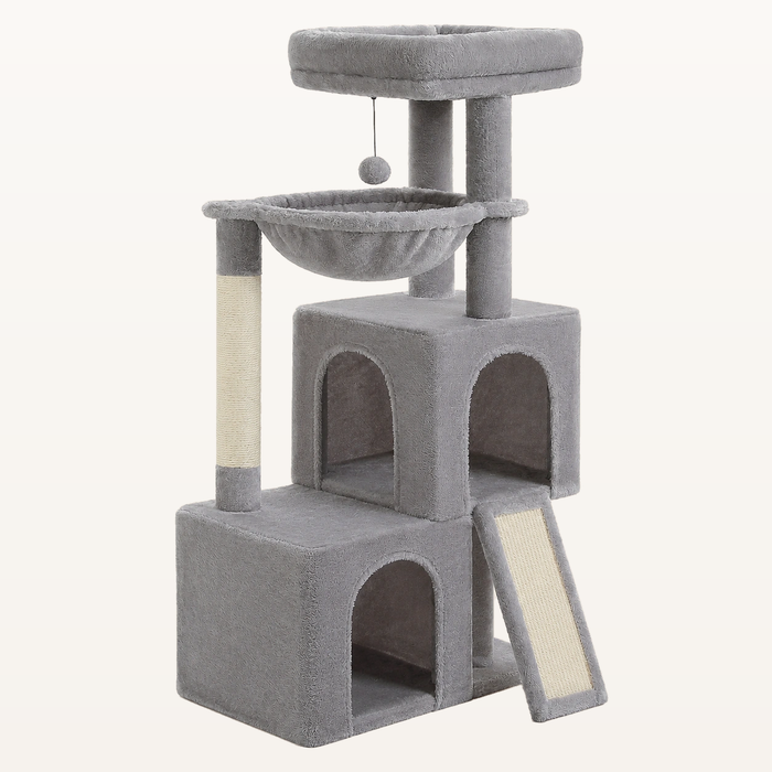 Neko Kazoku – Grand arbre à chat avec deux niches – Gris – produit seul sur fond beige