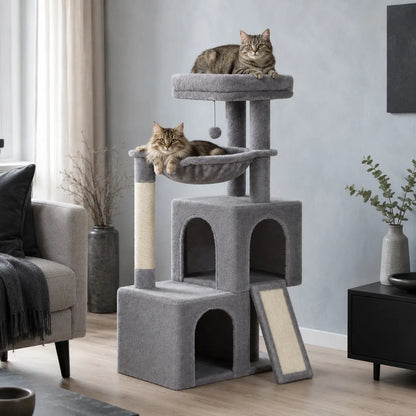 Neko Kazoku – Grand arbre à chat avec deux niches dans un intérieur coordonné avec chats