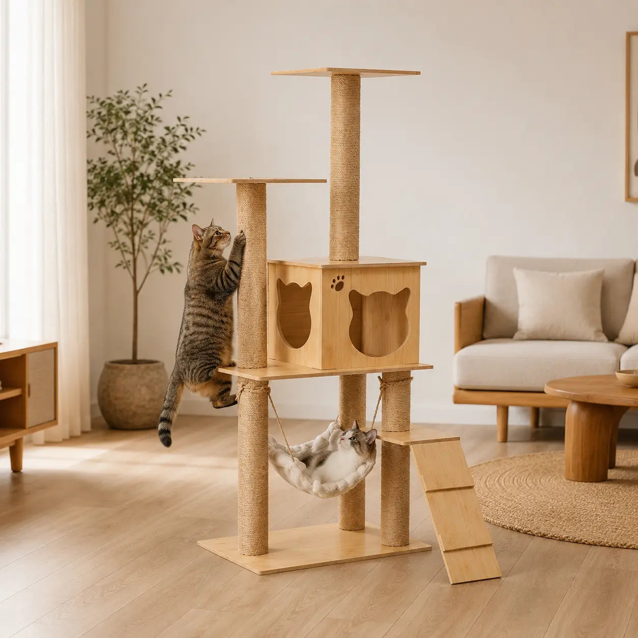 Neko Ki – Arbre à chat en bois 4 à 6 niveaux dans un intérieur avec chats