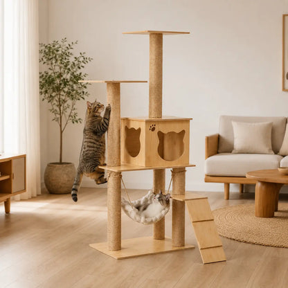 Neko Ki – Arbre à chat en bois 4 à 6 niveaux dans un intérieur avec chats