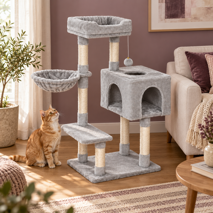 Neko Koya gris clair dans un salon mauve et crème avec un chat roux