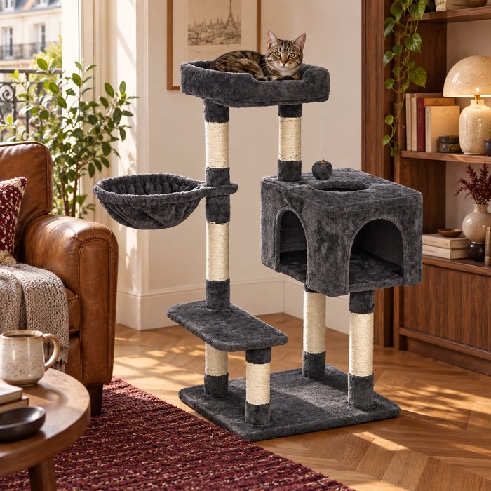Neko Koya gris dans un salon chaleureux avec un chat sur son perchoir