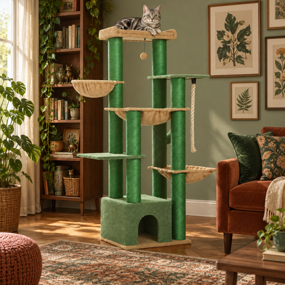 Neko Kuma vert dans un salon chaleureux avec bibliothèque, plantes et canapé rouille