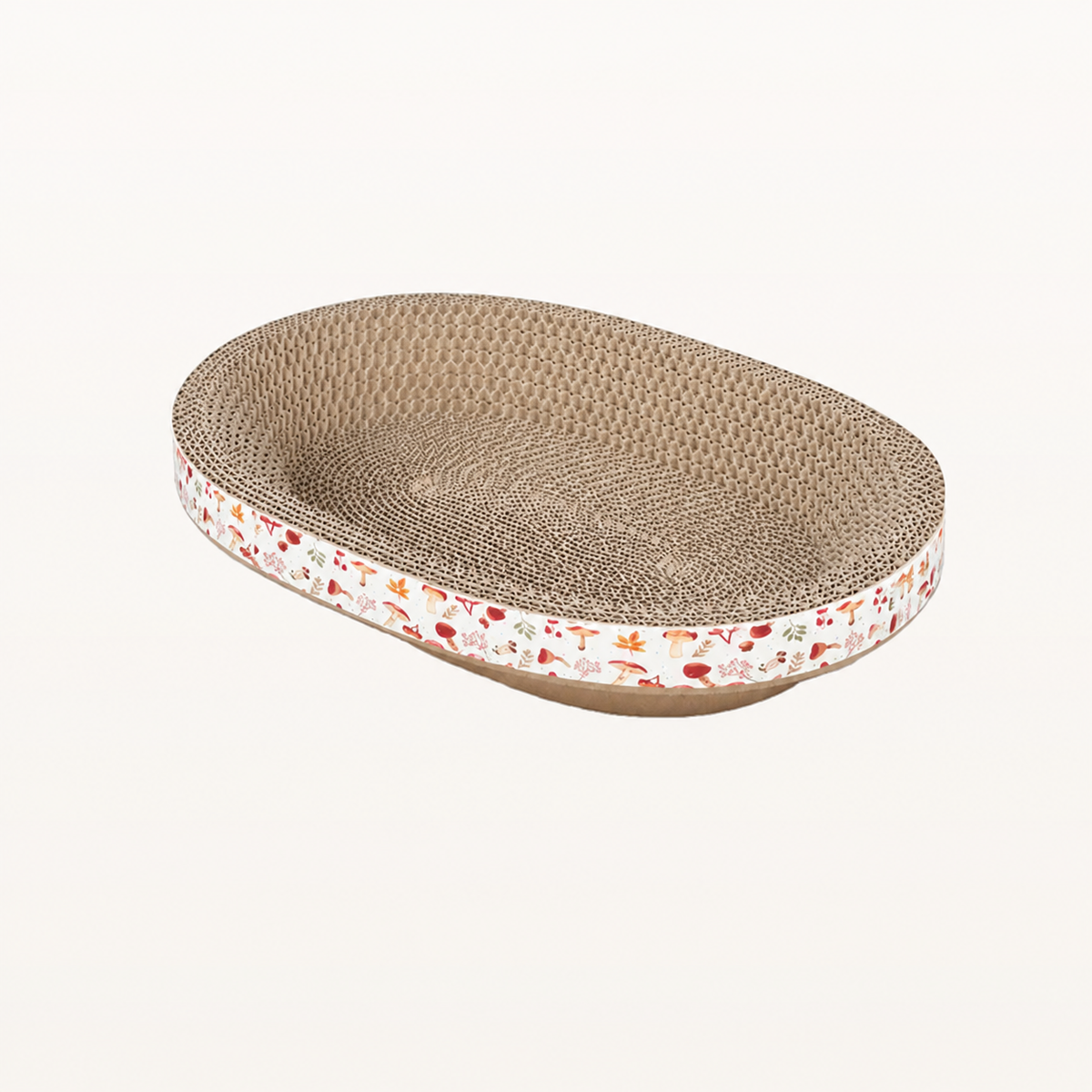 Neko Maru – Griffoir-lit ovale en carton — Panier blanc – Motifs champignons — vue harmonisée