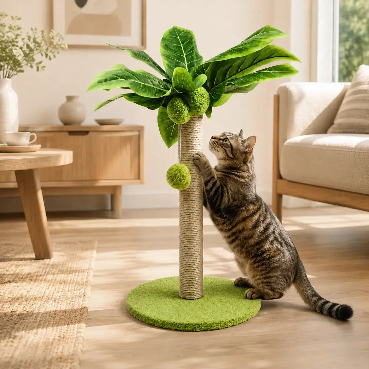 Neko Midori – Poteau griffoir feuillage dans un intérieur avec chats