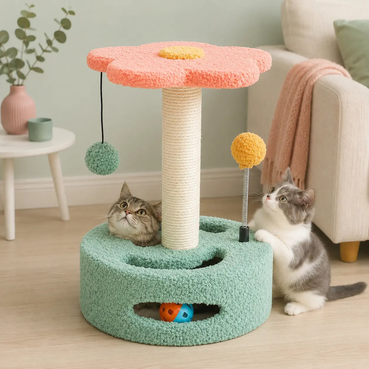 Neko Minka – Petit arbre à chat avec niche et griffoir dans un intérieur coordonné avec chats