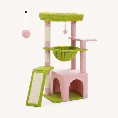 Neko Momo – Arbre à chat compact avec niche et hamac – Rose – photo principale