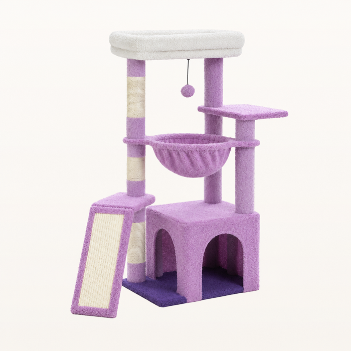 Neko Momo – Arbre à chat compact 92 cm avec niche et hamac — Violet — vue harmonisée