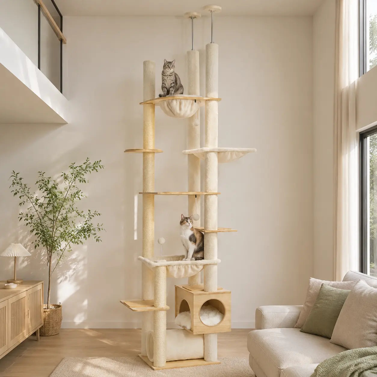 Neko Mori – Arbre à chat en bois du sol au plafond dans un intérieur coordonné avec chats