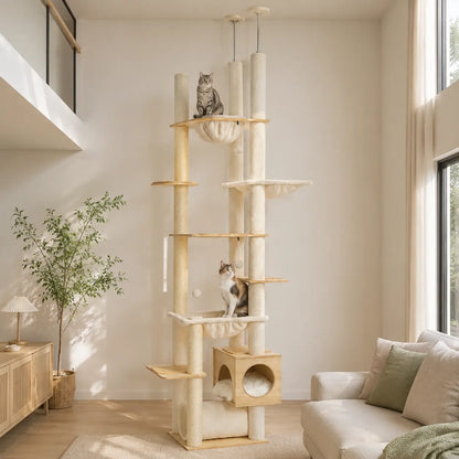 Neko Mori – Arbre à chat en bois du sol au plafond dans un intérieur coordonné avec chats