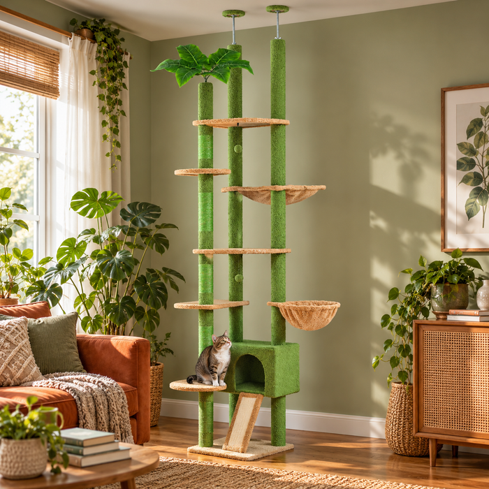 Neko Mori – Arbre à chat sol-plafond – Modèle A — mise en situation avec chat