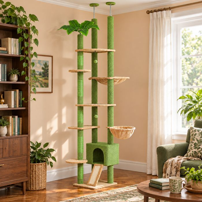 Neko Mori – Arbre à chat sol-plafond – Modèle A — mise en situation sans chat
