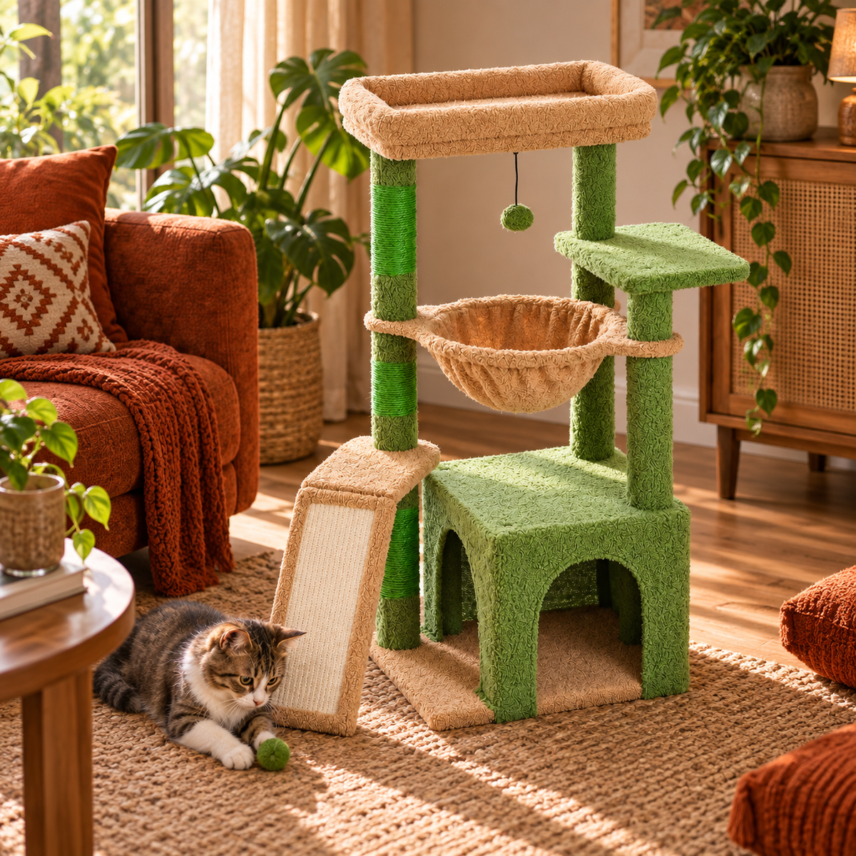 Neko Momo – Arbre à chat compact 92 cm avec niche et hamac — intérieur chaleureux