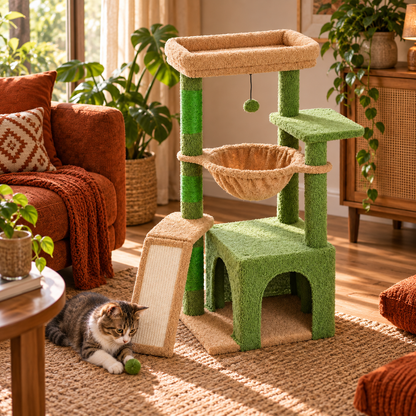 Neko Momo – Arbre à chat compact 92 cm avec niche et hamac — intérieur chaleureux