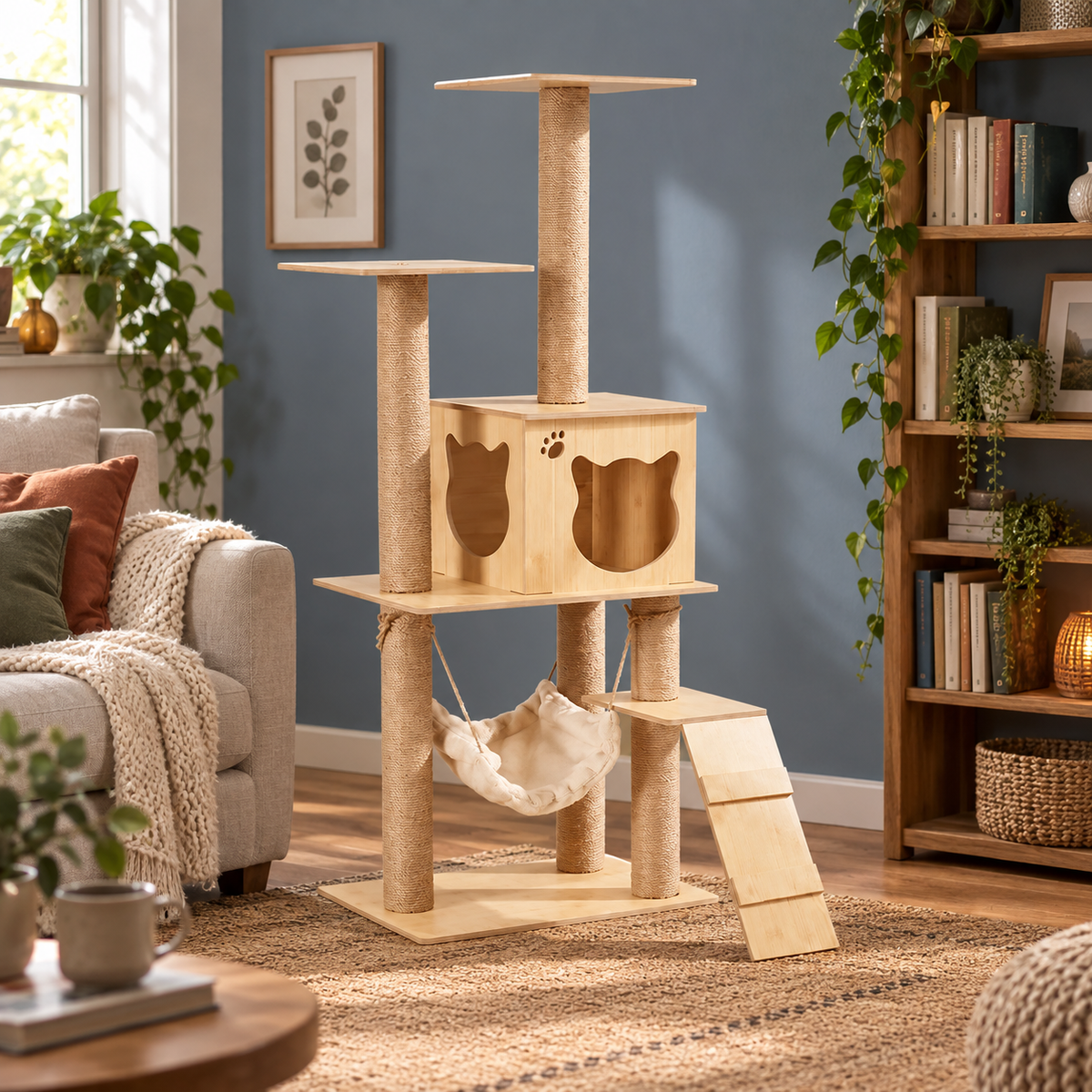 Neko Ki – Arbre à chat en bois – 4 niveaux, 130 cm — mise en situation 1