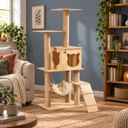 Neko Ki – Arbre à chat en bois – 4 niveaux, 130 cm — mise en situation 1